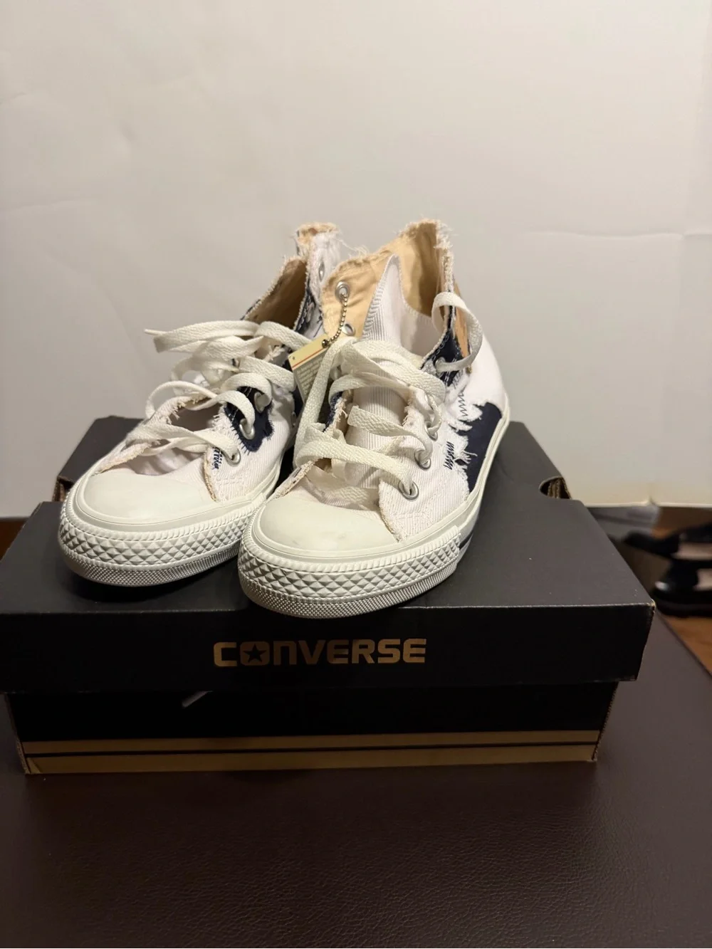 Converse High Top Sneakers in White and Navy with Leather Patch